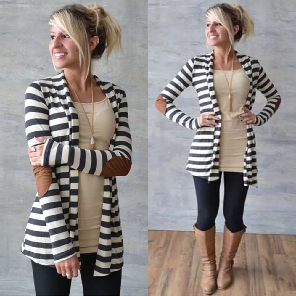 Gray & White Striped Cardigan with Elbow Patches - Picture 1 of 15